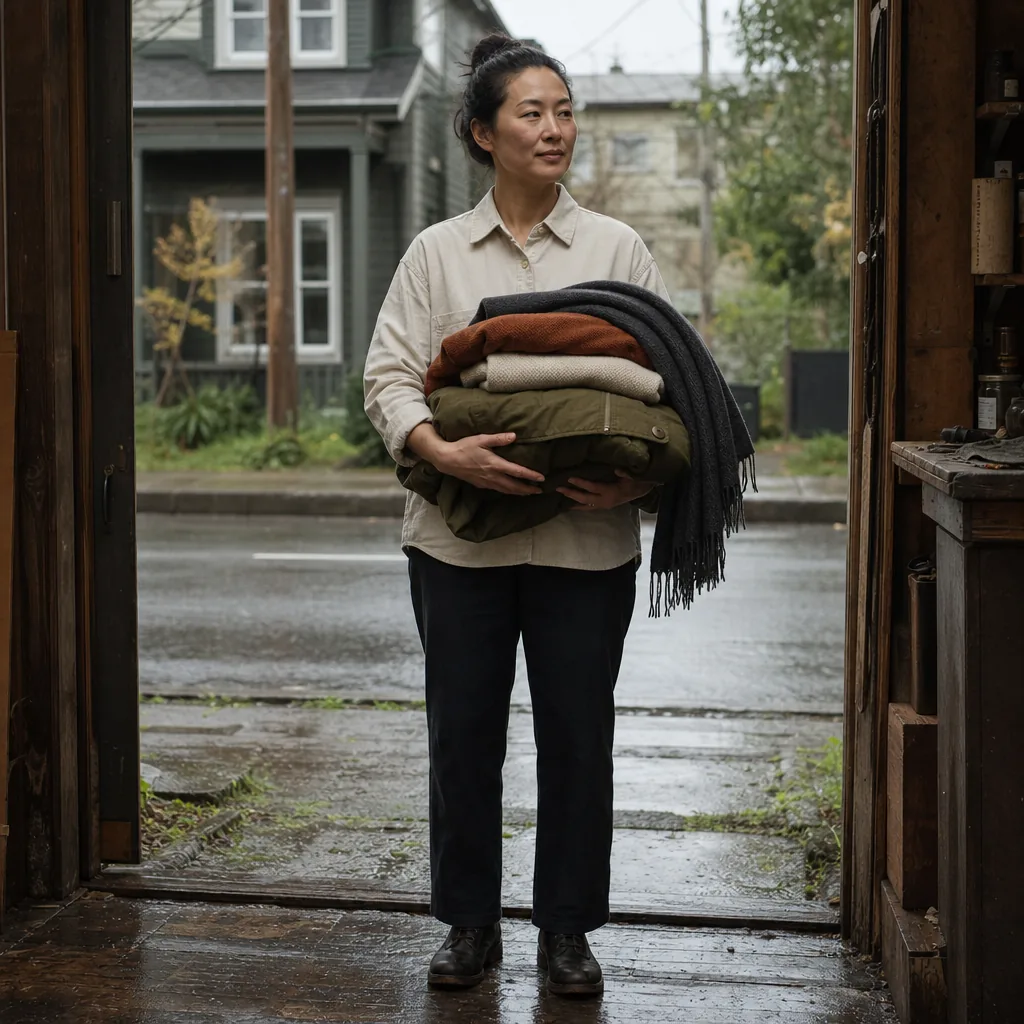 Portland customer carrying a practical stack of wool and cotton layers
